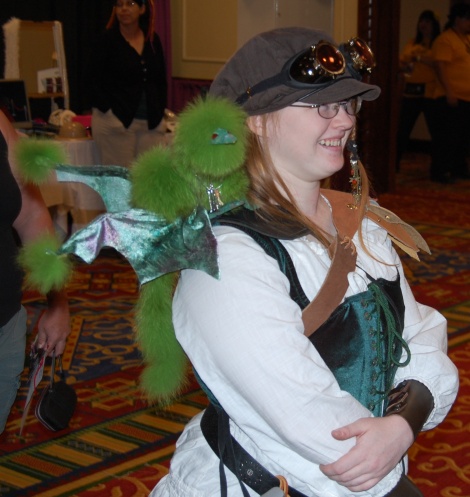 Steampunk cosplayer and pet dragon